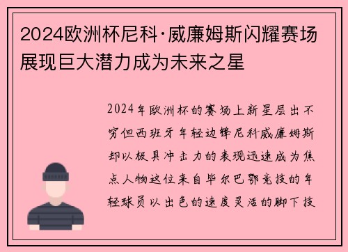 2024欧洲杯尼科·威廉姆斯闪耀赛场展现巨大潜力成为未来之星